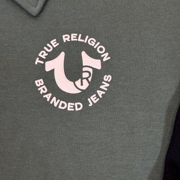 True Religion Men's Collared Patch Fleece Varsity Jacket Medium Green Black NWT - Picture 4 of 15